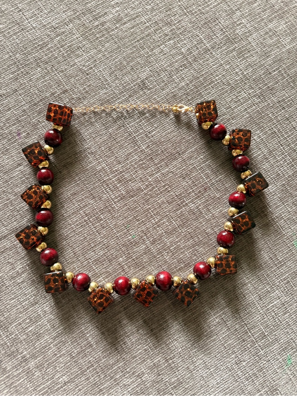 Vintage Gold-Tone Necklace with Red Beads and Amber Cube Accents
